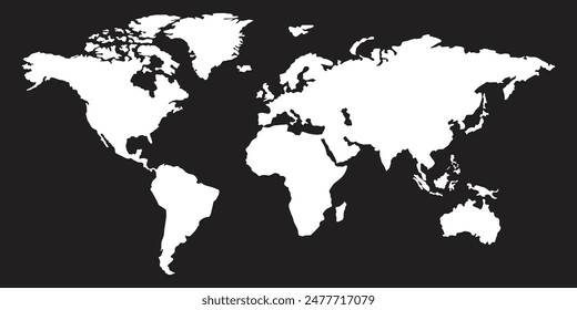 Silueta del mapa del mundo, blanco y negro, diseño plano, Ilustración vectorial.