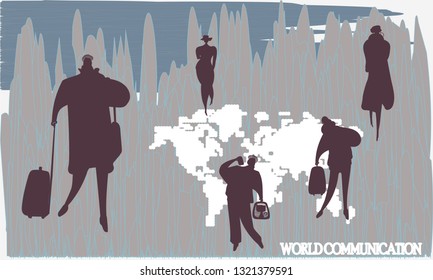 World map. Silhouettes of people. World communications.