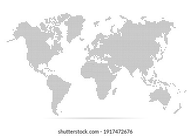 World map. Simple flat dot. Worldmap dotted global. Globe point. World maps circle. Worldwide continents isolated on white background. Silhouette pixel center. Pixels design. Halftone dots. Vector