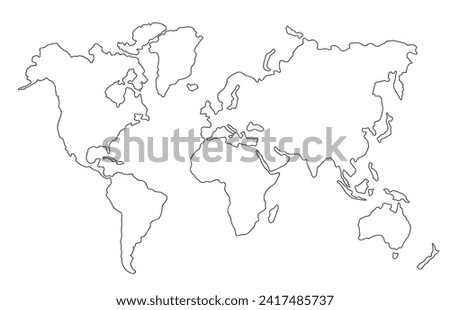 World map simple line. Outline flat world map. Hand draw silhouette globe. Worldmap black linear sketch isolated on white background. Simplified lineart country for travel design. Vector illustration