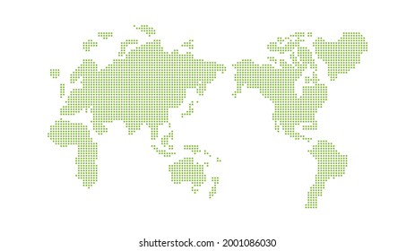 Mapa mundial, ilustración de puntos simplificada. Digital (fondo verde, blanco)
