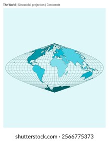 World Map. Sinusoidal projection. Continents style. High Detail World map for infographics, education, reports, presentations. Vector illustration.