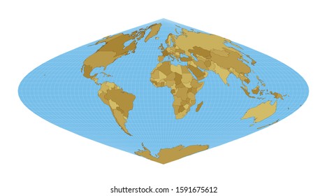 World Map. Sinusoidal projection. Map of the world with meridians on blue background. Vector illustration.
