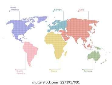 World map. The six continents of the earth in a dot pattern. Vector illustration. Colorful design.