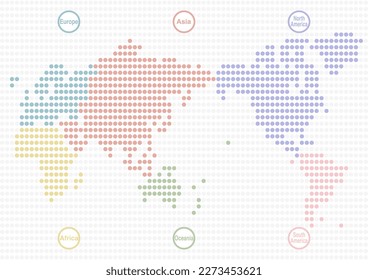 Mapa mundial. Los seis continentes de la tierra en un patrón de puntos. Ilustración vectorial. Diseño colorido.