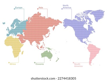 Mapa mundial. Los seis continentes de la tierra en un patrón de puntos. Ilustración vectorial. Diseño colorido.