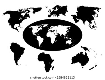 World map and the six continents of the earth. Vector illustration. Black and white design. White background.