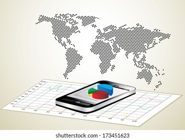 world map and smartphone showing a spreadsheet with some 3d charts over it