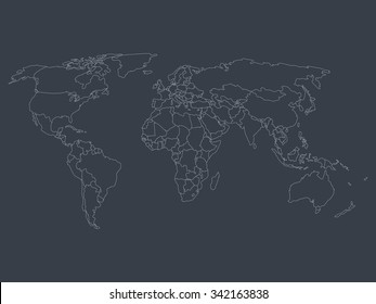 World map with smoothed country borders. Thin white outline on dark grey background.