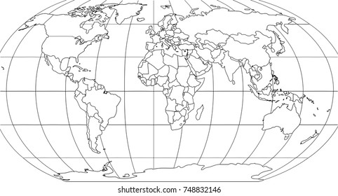 World map with smoothed country borders. Thin black outline on white background.