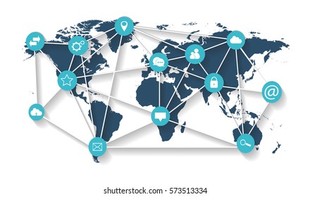 World map with social media icons blue color vector