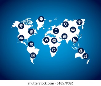 world map with social media over blue background. vector illustration