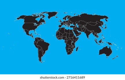 World Map Solid Black With Blue Background For Waterbodies