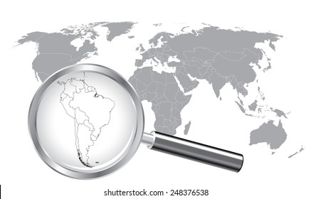 World Map South America Wired Continent with Magnifier Glass