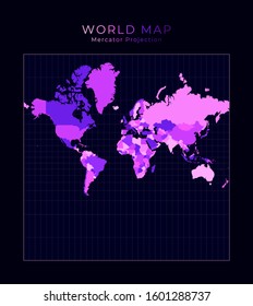 World Map. Spherical Mercator projection. Digital world illustration. Bright pink neon colors on dark background. Trendy vector illustration.