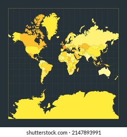 World Map. Spherical Mercator projection. Futuristic world illustration for your infographic. Bright yellow country colors. Amazing vector illustration.