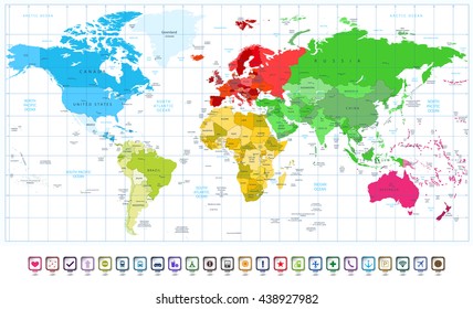 World Map spotted colors and 3D map pointers. All elements are separated in editable layers clearly labeled.