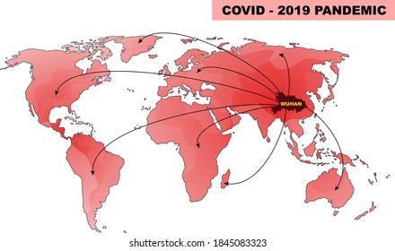 Mapa mundial de la propagación de la pandemia COVID-19 en el punto de flecha del mundo desde la ciudad de Wuhan en el vector del país de china