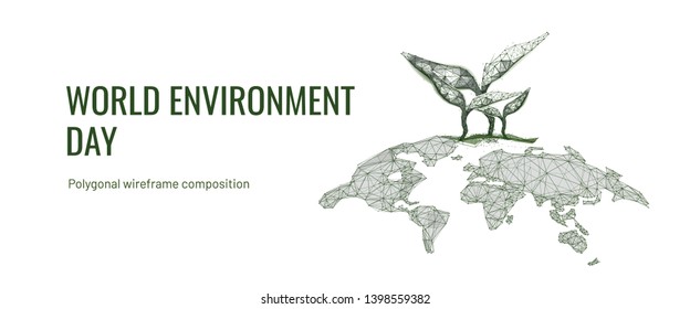 World map with sprout grass . Polygonal wireframe composition.  
World environment day concept. Abstract illustration isolated on white background. Particles are connected in a geometric silhouette