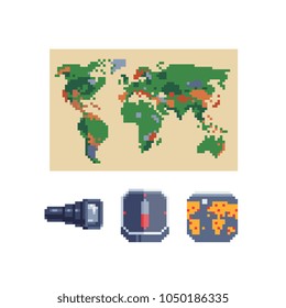 World map with spyglass, compass and planet earth, navigation concept. Design for web, mobile app, logo, sticker. 8-bit sprite. Monocular telescope isolated vector illustration. Game assets.