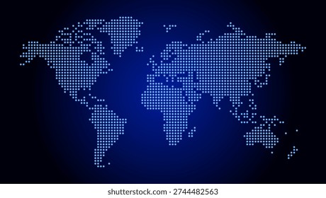 World map with square dot. Аbstract dotted squares world map on dark blue background. Pixels silhouette worldmap. Simple flat wallpaper. Planet with continents for design print. Vector illustration