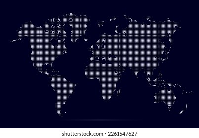 World map with square dot. White dotted squares world map isolated on blue background. Pixels silhouette worldmap. Simple flat wallpaper. Planet halftone pattern for design print. Vector illustration