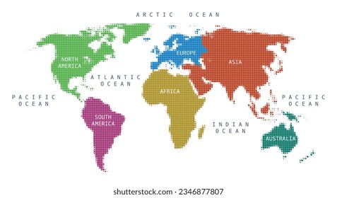 World map of square dots. Dotted continents oceans part earth mainland water geography silhouettes isolated vector illustration for business mapping projection