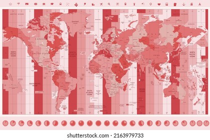 World Map with Standard Time Zones with clock icons. Red and pink colors