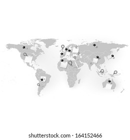 world map with stationery nails and white note papers background vector 