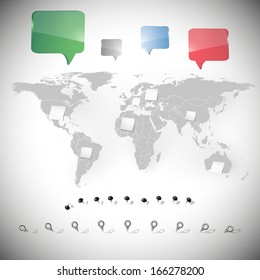 world map with stationery nails, white note papers and dialog boxes background vector 