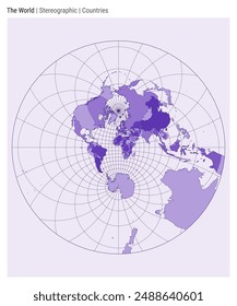 World Map. Stereographic. Countries style. High Detail World map for infographics, education, reports, presentations. Vector illustration.