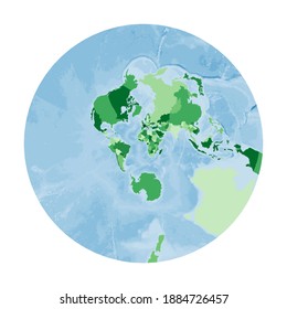 World Map. Stereographic projection. World in green colors with blue ocean. Vector illustration.