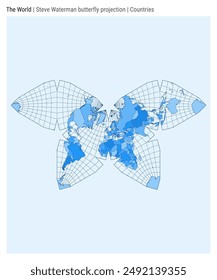 Mapa del Mundo. Proyección de mariposa de Steve Waterman. Estilo de países. Mapa del mundo de alta precisión para infografías, educación, informes, presentaciones. Ilustración vectorial.