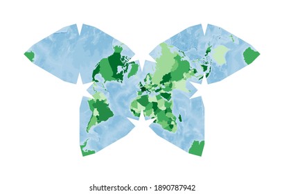 Mapa Mundial. Proyección de mariposa de Steve Waterman. Mundo de colores verdes con océano azul. Ilustración vectorial.