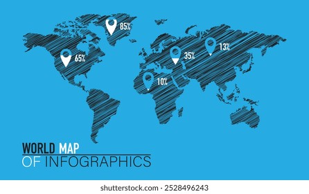 Mapa del mundo con continentes rayados, infografía en porcentajes, superpuesto sobre un fondo azul.