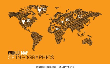 World map with striped continents, infographic percentages overlaid on orange background.