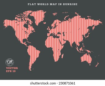 World map. Striped rose map silhouette on dark gray background. Sunrise theme design. Vector isolated. 10eps