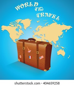 World map and a suitcase on a blue background. Vector illustration.