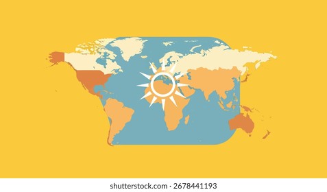 Mapa mundial con un símbolo solar en el centro, que sugiere conciencia ambiental global o sostenibilidad.
