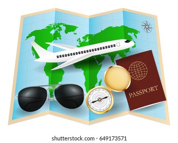 world map with sunglasses compass passport plane