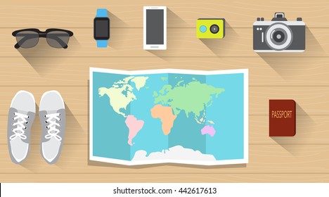 World map with sunglasses  smart phone watch ,sneaker,action camera,passport for travel plan banner flat lay vector. illustration EPS10.