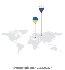 World map symbol, pin mark on map with ukraine and russia flag colors. editable vector.
