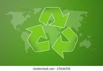 world map with symbol of recycling on green background