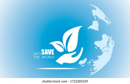 World map symbol Save the world concept.Blue Sea color tone.There is a globe behind the media to help save the world, save energy. Earth day .Vector/Illustration