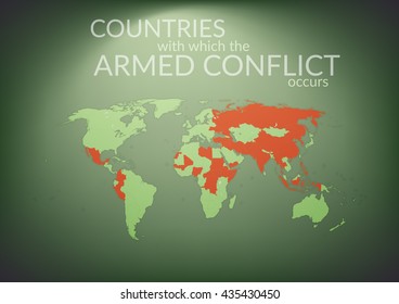 World map with symbols of the countries on whose territory armed conflicts occur. The green and red colors