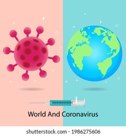 World map with syringe. Planet Earth globe with icon of coronavirus COVID-19 infected countries. COVID 19 outbreak and world pandemic risk concept. Vector illustration.