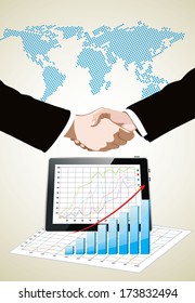 World map, tablet pc computer showing a spreadsheet with some 3d charts over it and handshake