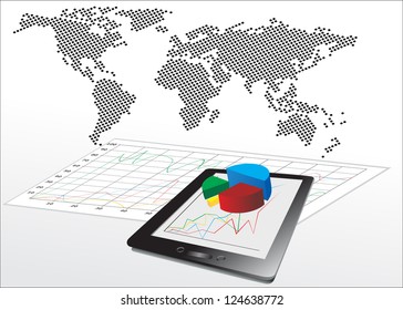 World Map and Tablet showing a spreadsheet and a paper with statistic charts
