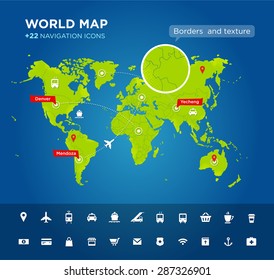 World map with tags, points and destinations, continents, designation, global, navigation icons. Vector textured background