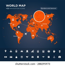 World map with tags, points and destinations, continents, designation, global, navigation icons. Vector textured background